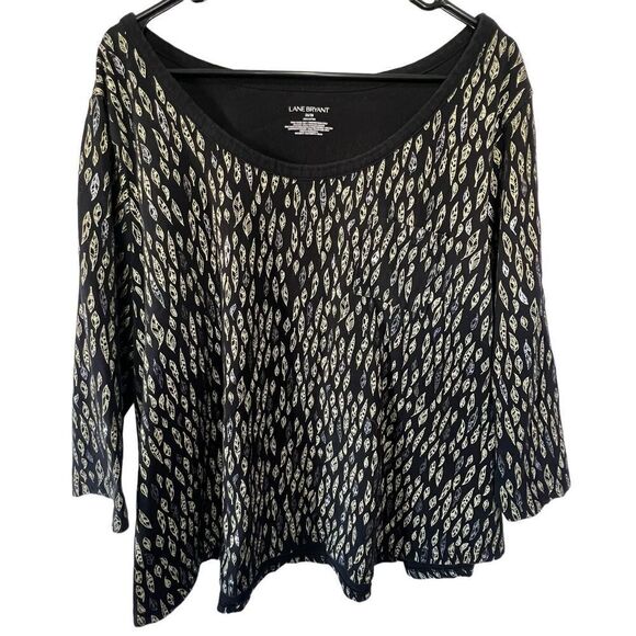 Lane Bryant Black Long Sleeve Shirt With Metallic Feather Pattern - Picture 1 of 4